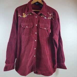 Vintage Pooh Corduroy Button Down Shirt Women L Red  Embroidered Western Pearl